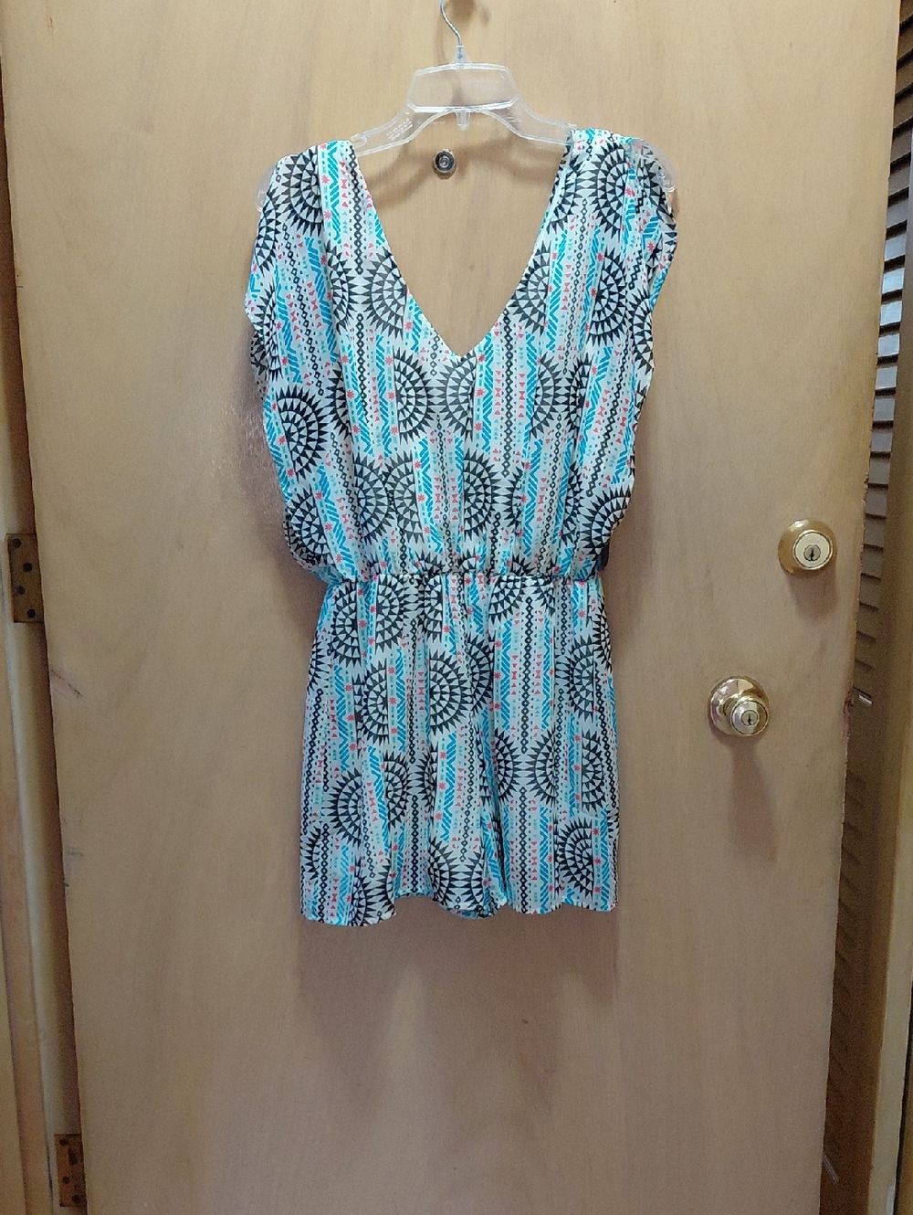 Sleeveless V-Neck Printed Romper in Aqua and Black